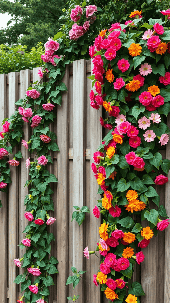 A wooden fence adorned with colorful climbing flowers, showcasing pink, orange, and yellow blooms.