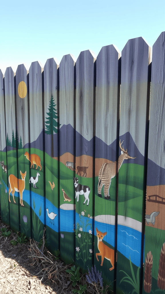 A wooden fence painted with scenes of deer, birds, and a river, surrounded by mountains and trees.