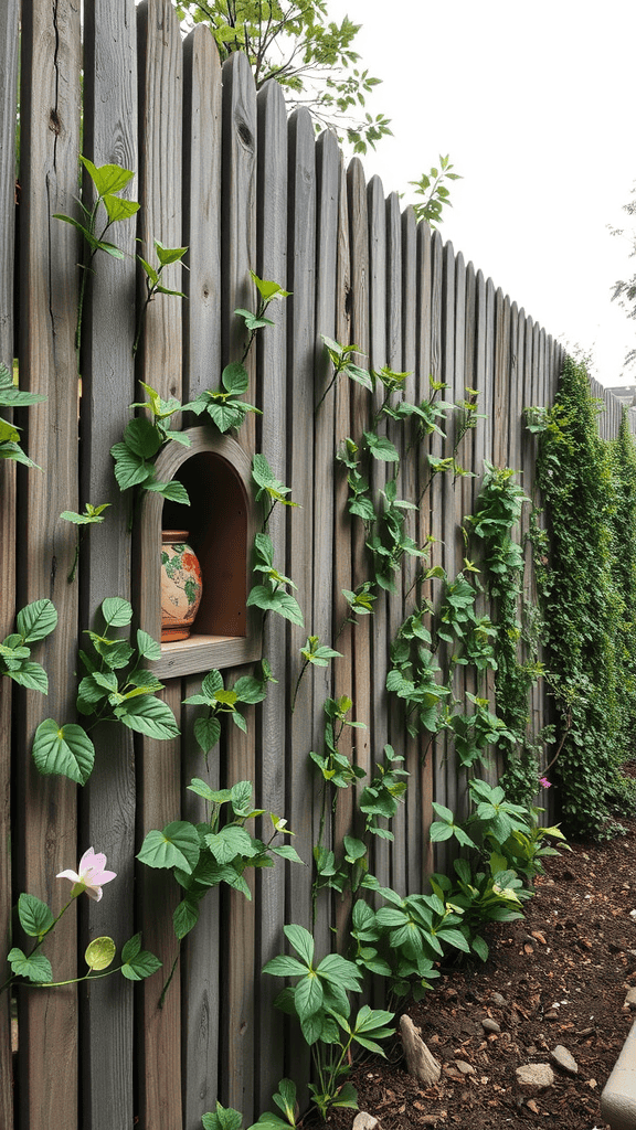 A wooden fence with climbing plants and a hidden nook featuring a decorative pot.