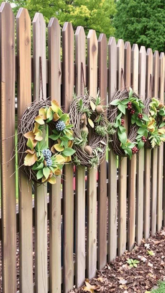 A wooden fence adorned with three seasonal wreaths, showcasing greenery and colorful decorations.