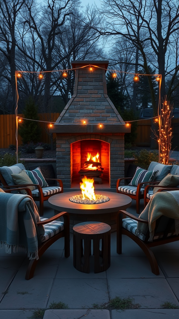 Cozy outdoor patio with a fireplace and comfortable seating.