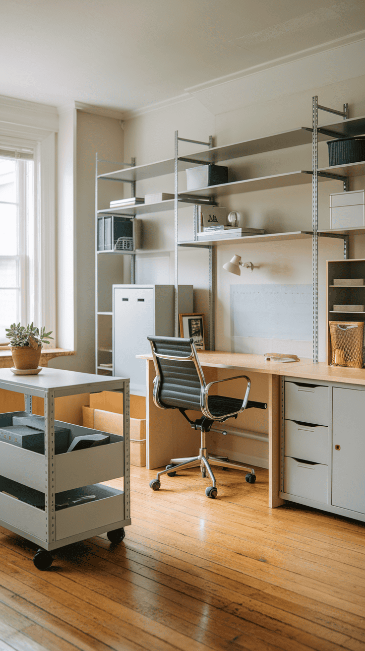 A modern office setup with a comfortable chair, spacious desk, and organized shelving for a flexible work environment.