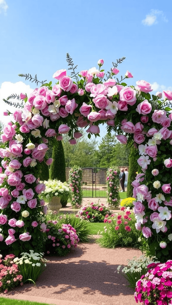 A garden arch covered in pink roses surrounded by colorful flowers