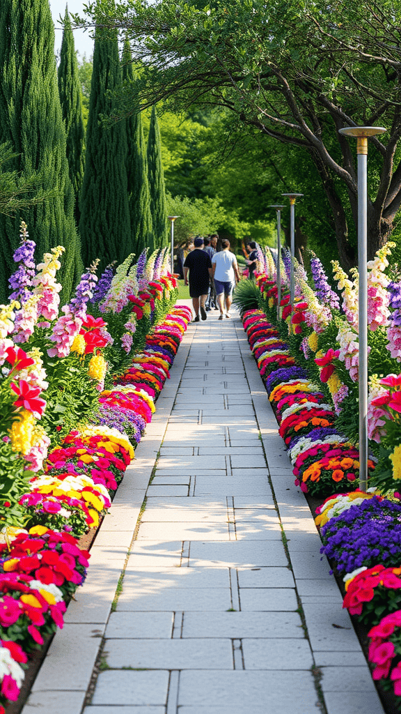 A beautiful walkway bordered by colorful flowers and greenery.