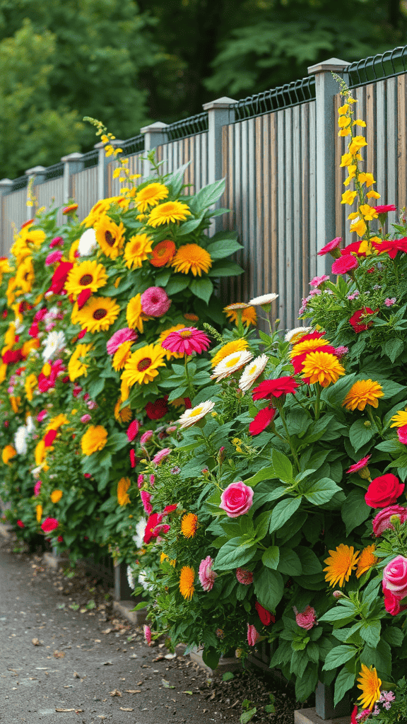 A vibrant flowering border filled with various colorful flowers along a fence.