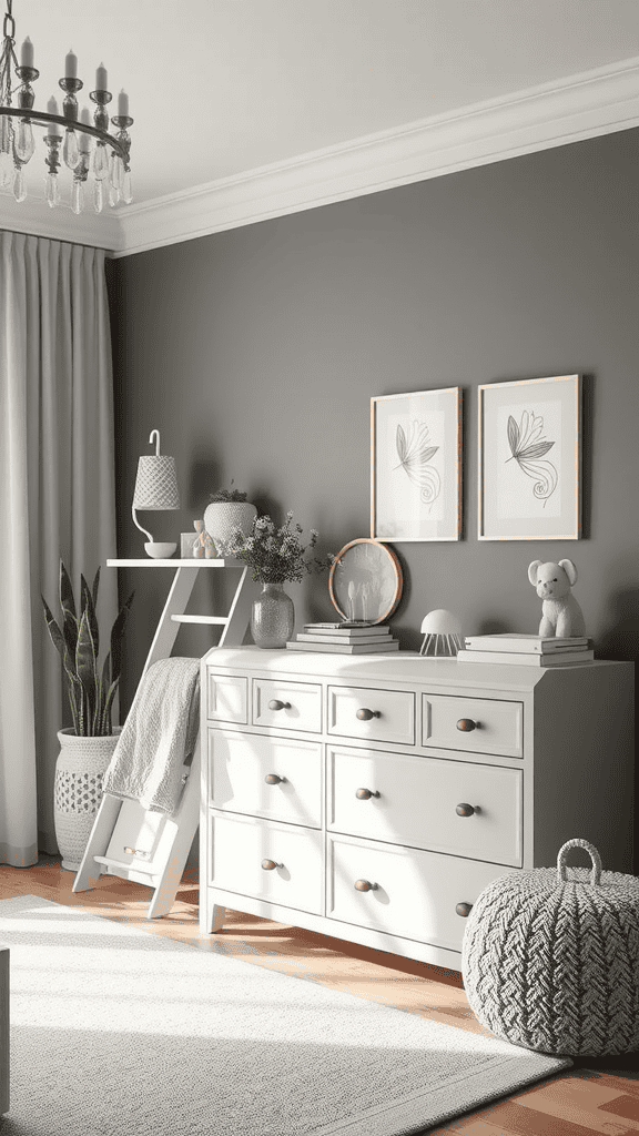 A stylish grey and white nursery featuring a dresser, decorative plants, and soft lighting.