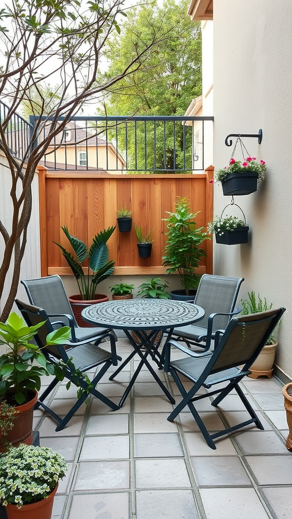 A cozy outdoor patio with folding chairs and a round table surrounded by plants.