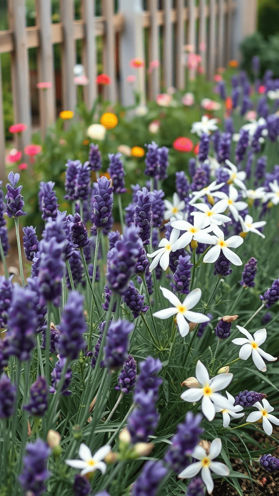 A colorful flower bed featuring lavender and white flowers with a wooden fence in the background.