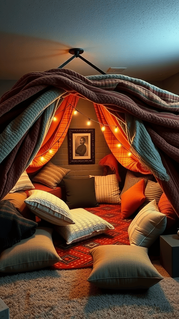 Two children playing in a cozy fort made of blankets and pillows, lit with string lights.