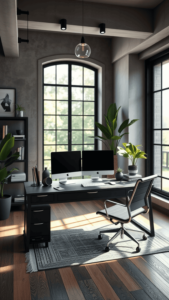 A modern desk layout featuring dual monitors, a comfortable chair, and plants, with large windows allowing natural light.