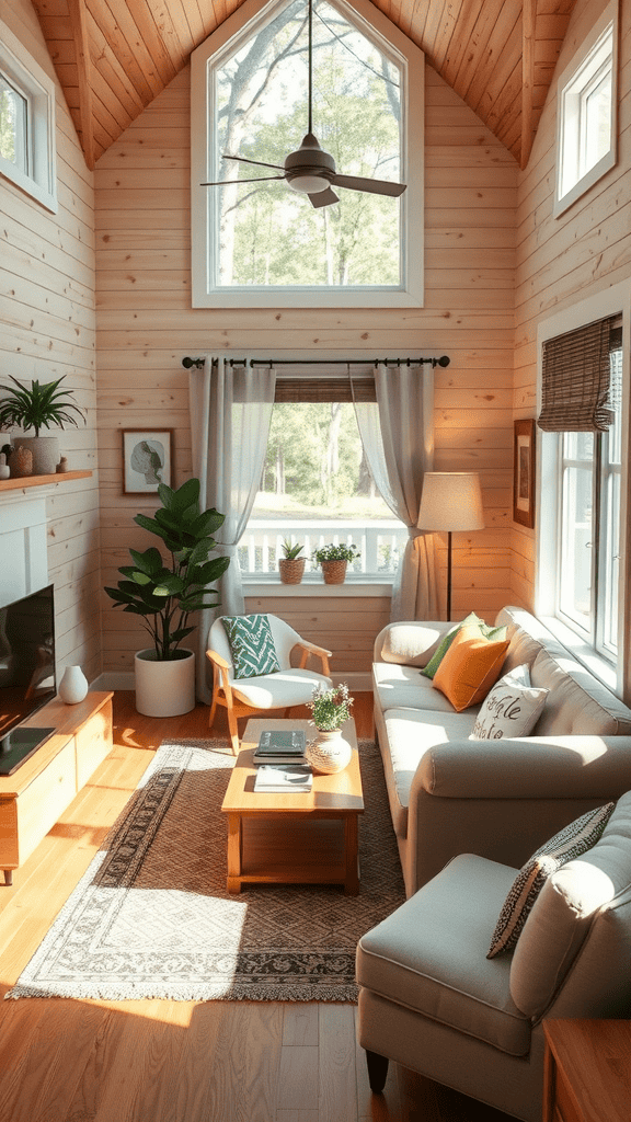 A vintage tiny house living room with cozy seating and a warm atmosphere