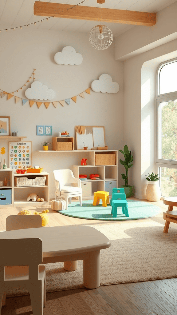 A bright and cheerful playroom for toddlers featuring colorful furniture and toys.