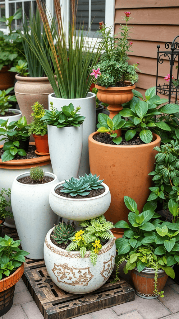 A variety of colorful and decorative planters arranged together, showcasing different plant types.