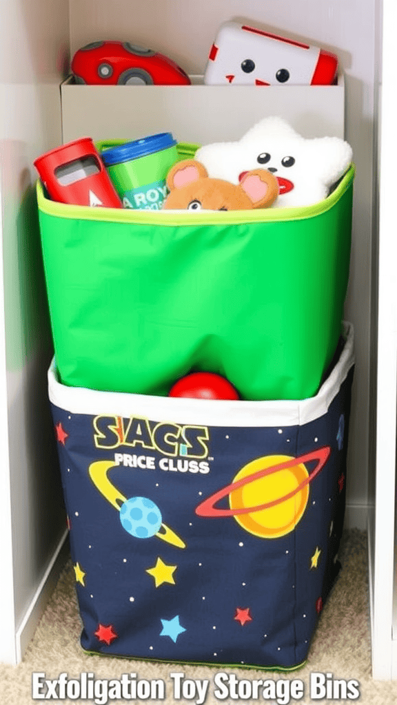 Two toy storage bins with a galactic theme, one green and one navy with planets and stars.