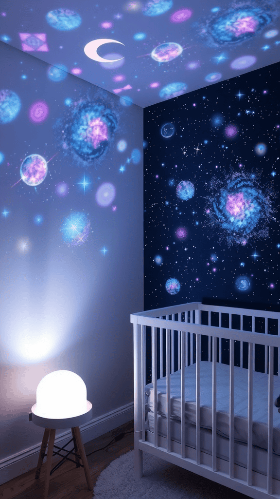 A cozy room with a galaxy themed lamp projecting colorful stars and planets on the walls and ceiling.