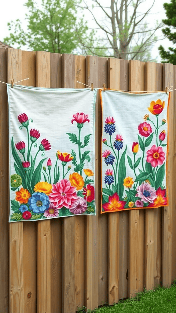 Two vibrant garden-themed fabric panels hanging on a wooden fence.