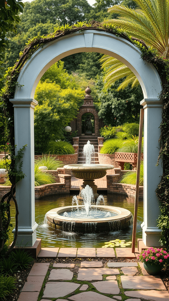 A beautiful garden arch leading to a water feature with a fountain and lush greenery.