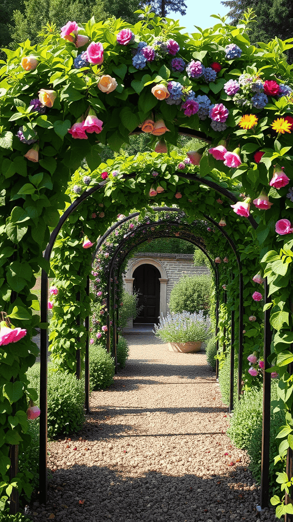 Pathway lined with garden arches covered in vibrant flowers.