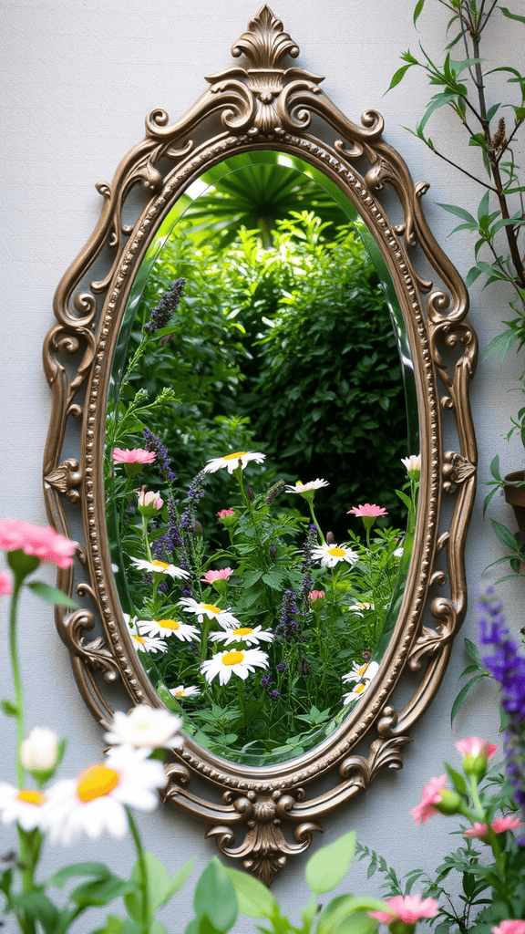 A decorative mirror surrounded by colorful flowers reflecting a lush garden.