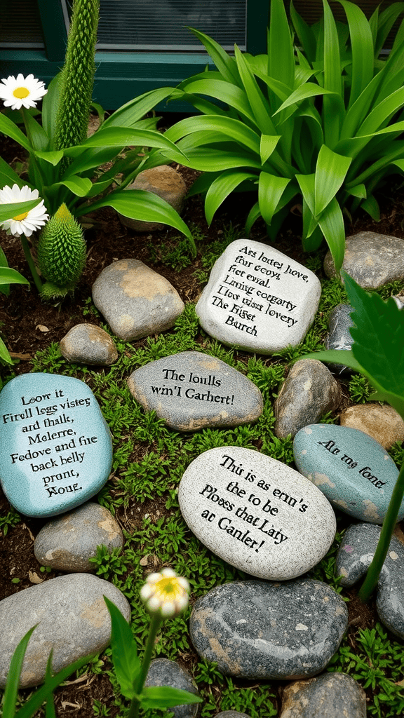 Decorative stones with poetry inscribed, surrounded by plants and flowers in a garden.