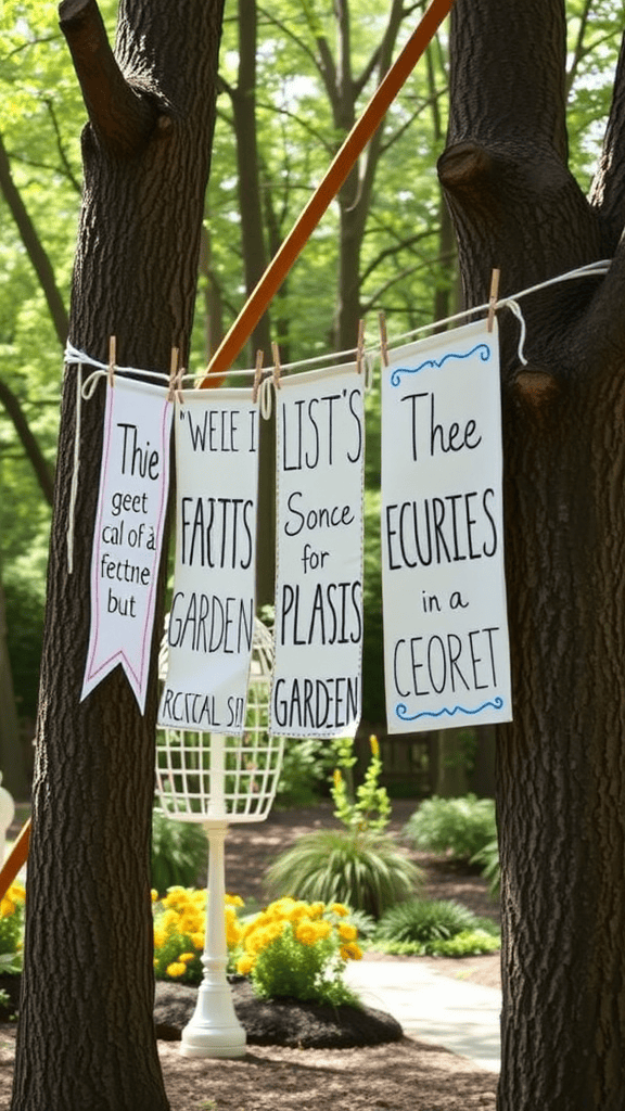 Colorful garden themed banners hanging between trees