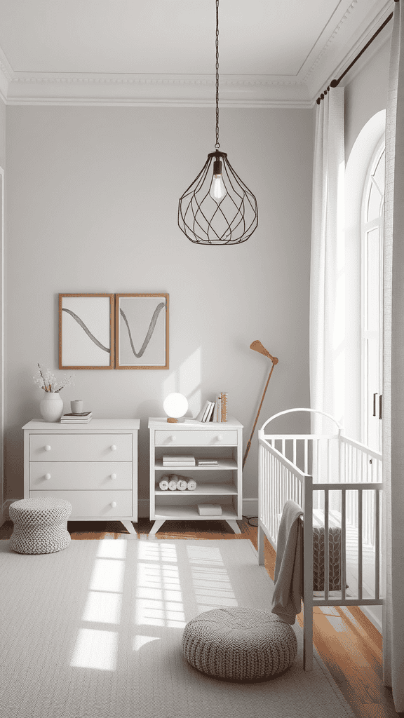 A well-lit nursery featuring a unique pendant light fixture, soft furnishings, and minimalist decor.