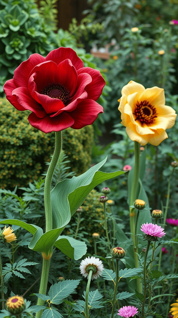 Two giant flowers, one red and one yellow, blooming in a lush garden setting.