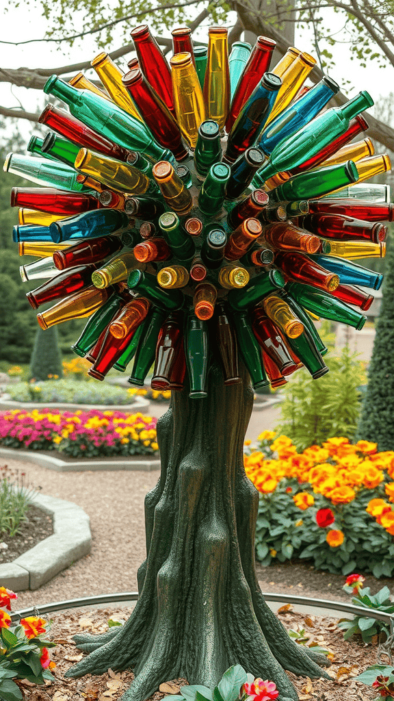 A colorful glass bottle tree with various bottles arranged in a circular pattern on top of a tree trunk in a garden.