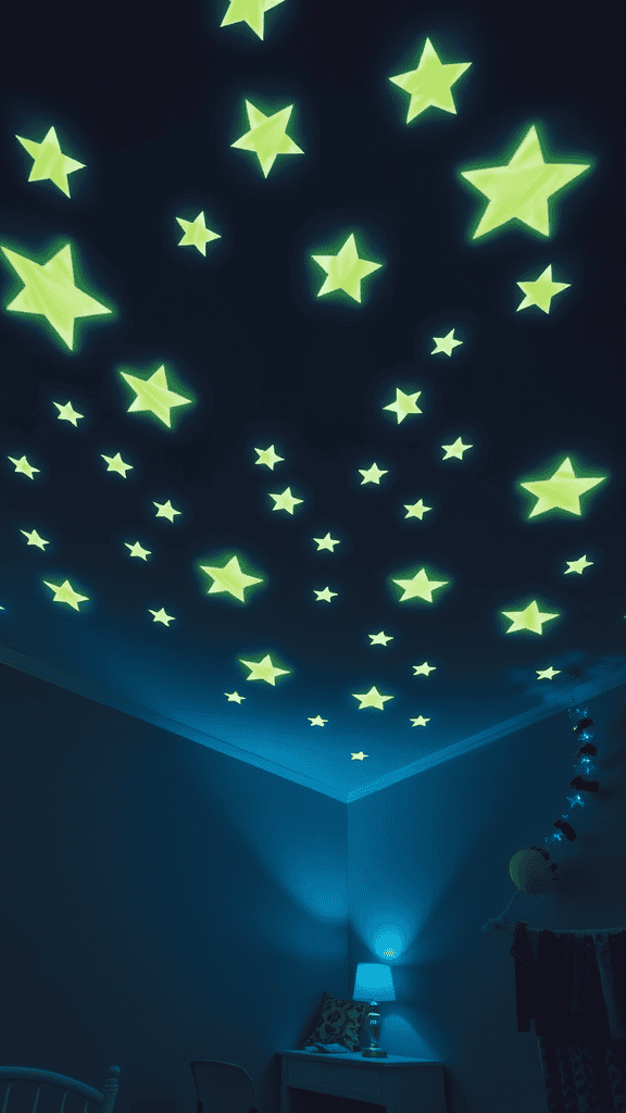 A ceiling covered with glow-in-the-dark star stickers in a dimly lit room.