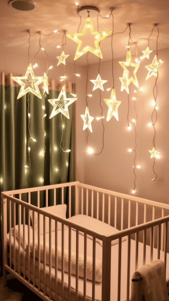 A nursery with glowing star string lights hanging from the ceiling above a crib.