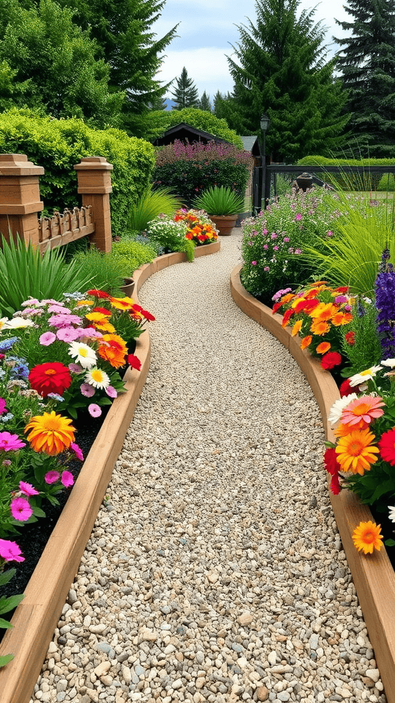 A picturesque gravel walkway bordered by vibrant flowers and lush greenery.