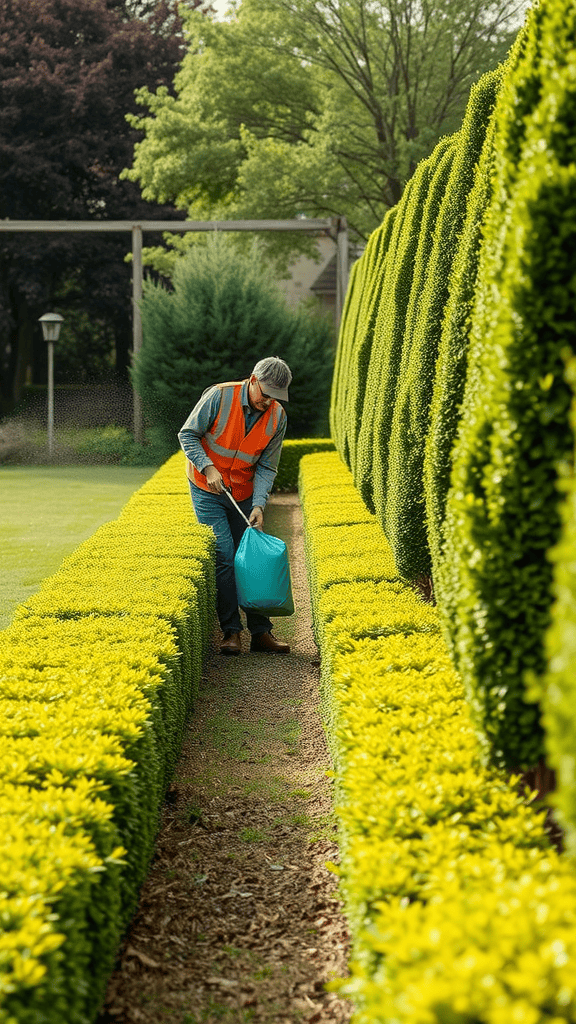 A person in an orange vest watering hedges in a well-maintained garden.