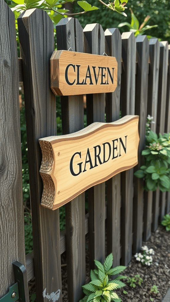 Handcrafted wooden signs on a wooden fence indicating different garden areas.