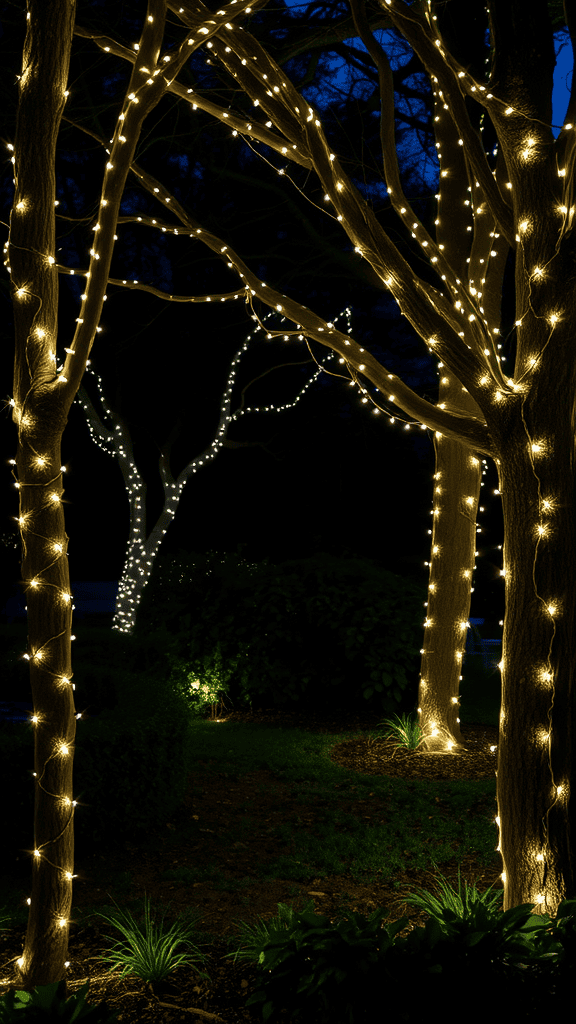 Twinkling fairy lights wrapped around trees in a dark garden