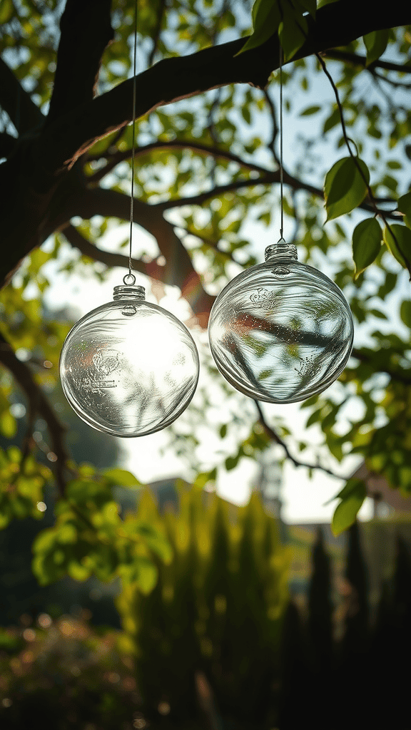 Two glass orbs hanging from a tree, illuminated by sunlight.