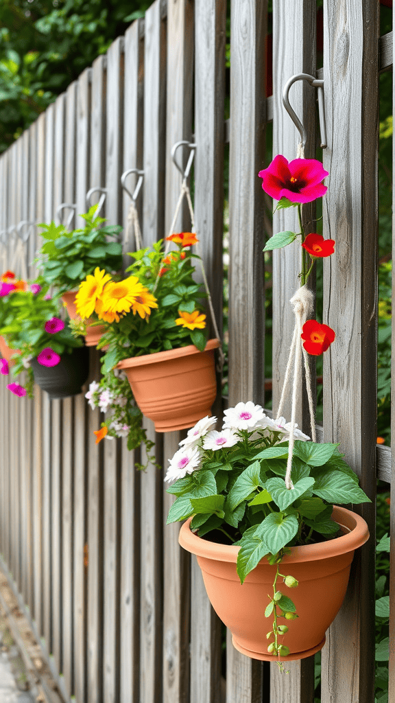 Colorful hanging planters filled with flowers on a wooden fence.