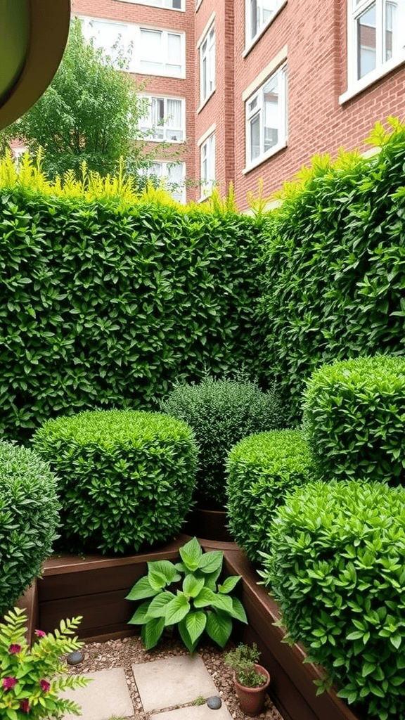 Small garden with neatly trimmed hedges and plants.