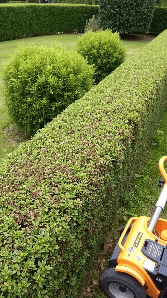 A neatly trimmed hedge with tools nearby in a landscaped garden.