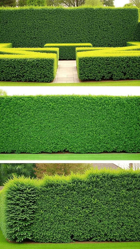 Different shapes and styles of hedges in a garden