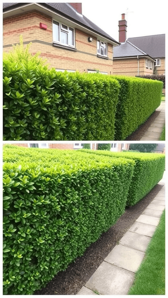 Before and after images of a neatly trimmed hedge.