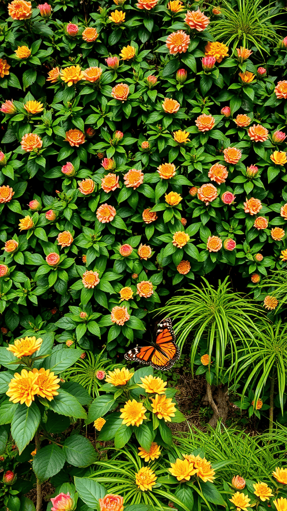 A colorful garden filled with vibrant flowers and a butterfly.