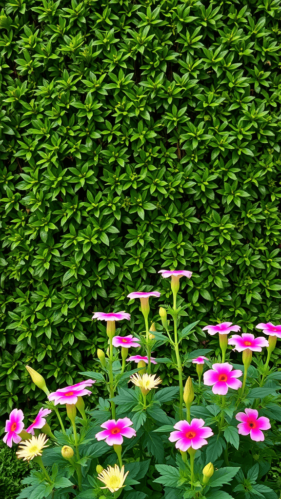 Colorful flowering plants in front of a green hedge.