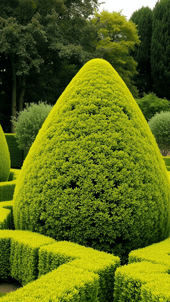 A vibrant, neatly trimmed hedge shaped like a cone, surrounded by other greenery in a garden.