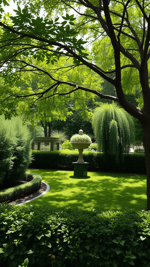 A lush garden with various shades of green foliage, showcasing different hedge varieties and a decorative centerpiece.