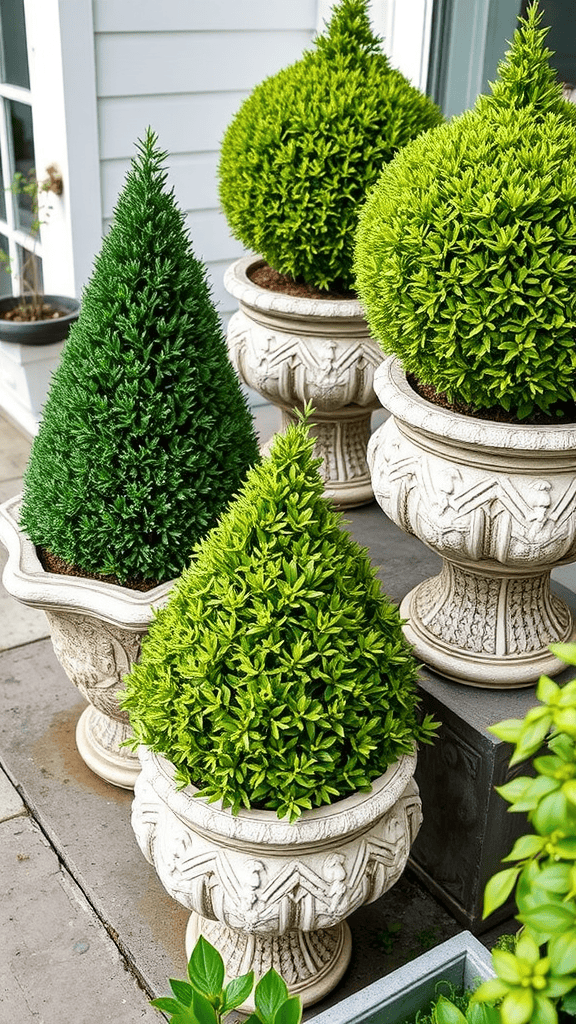 Decorative container hedges displaying various shapes and shades of green.