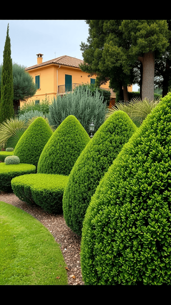 Green hedges in a well-maintained Mediterranean garden.