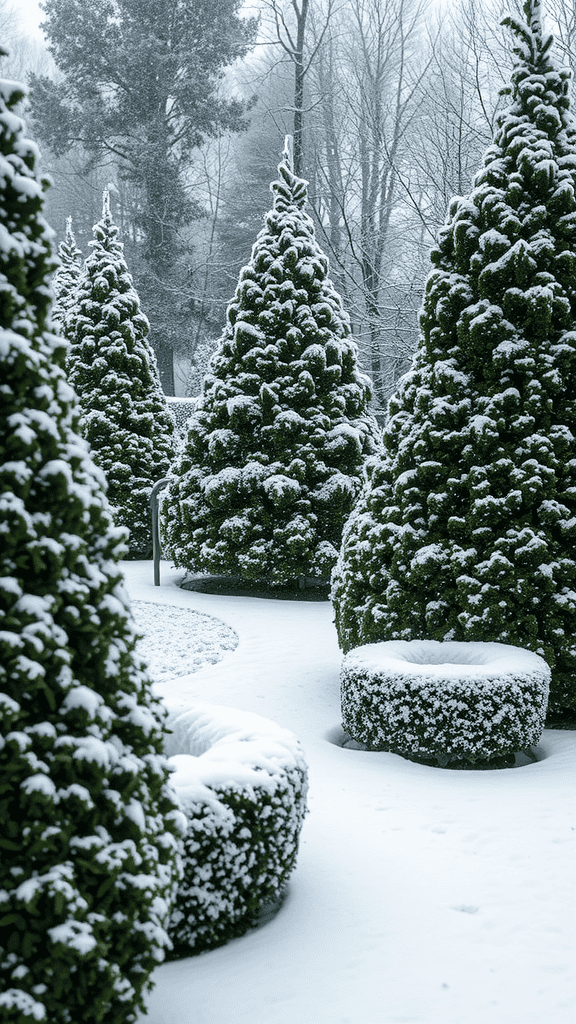 Snow-covered hedges and a winding path in winter