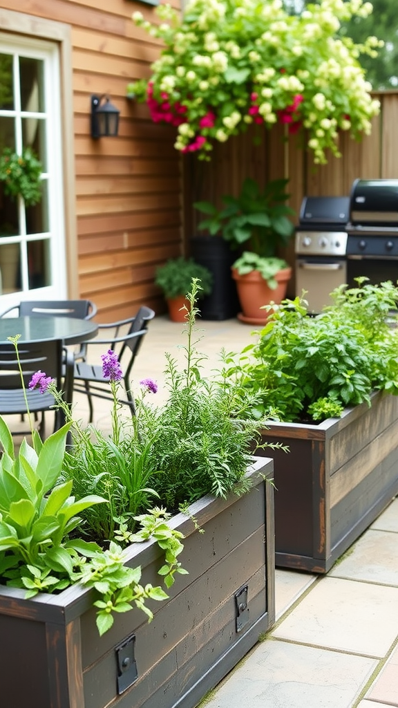 A cozy outdoor patio featuring wooden planters filled with various herbs, surrounded by greenery.