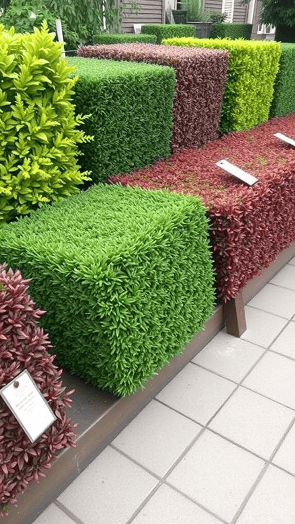 Colorful hedges in various shapes and sizes displayed in a garden center.