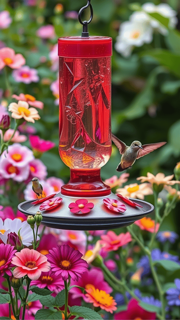 A hummingbird feeder surrounded by colorful flowers with hummingbirds visiting.